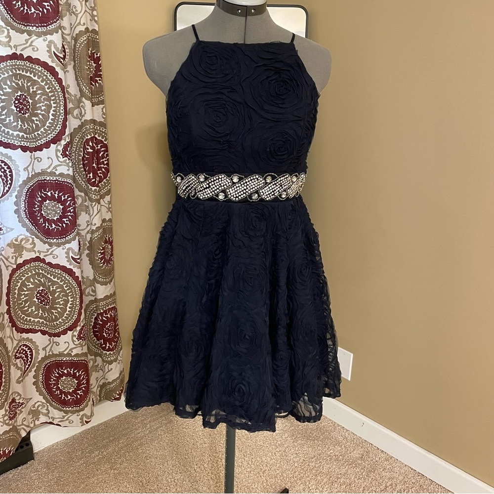 314. Three pink hearts girls navy dress (7)